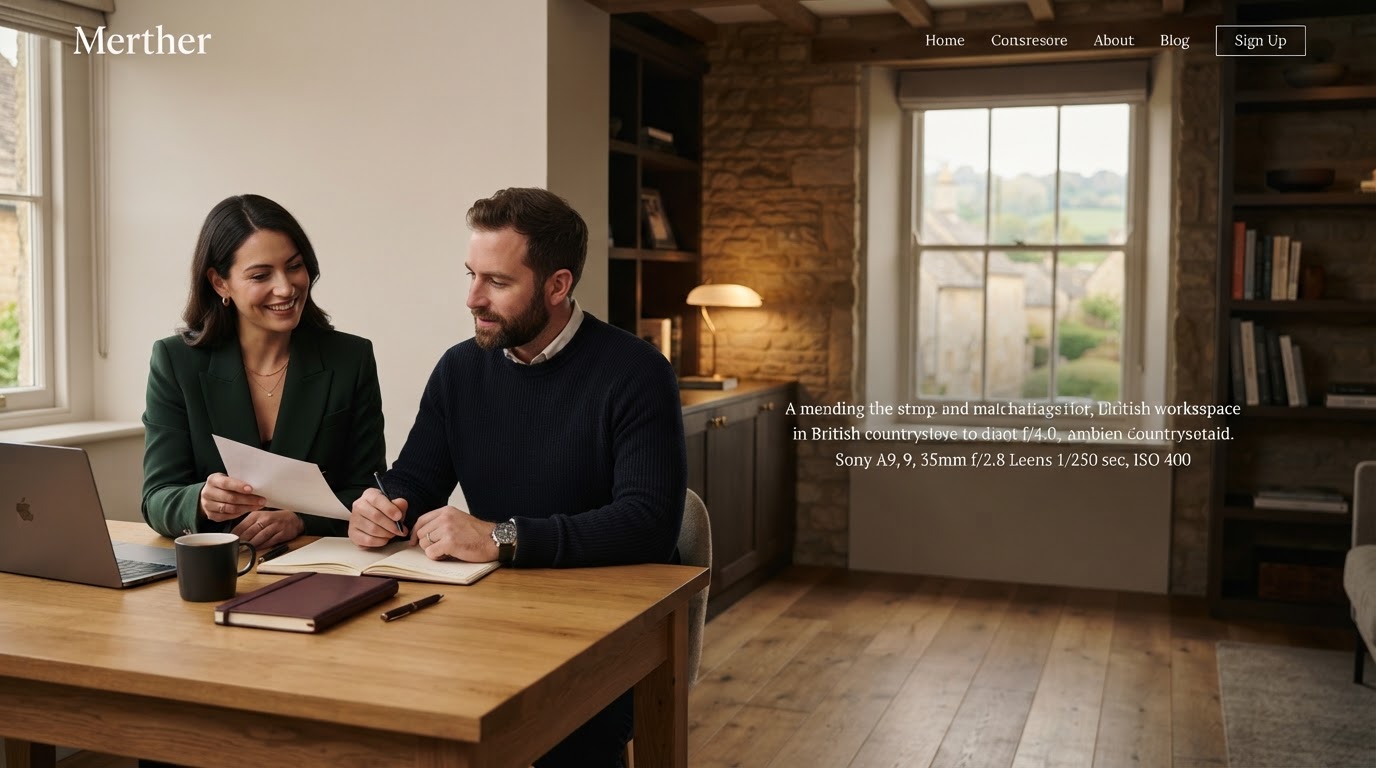 Merther AI data analysis interface overlaid on a calm investment workspace